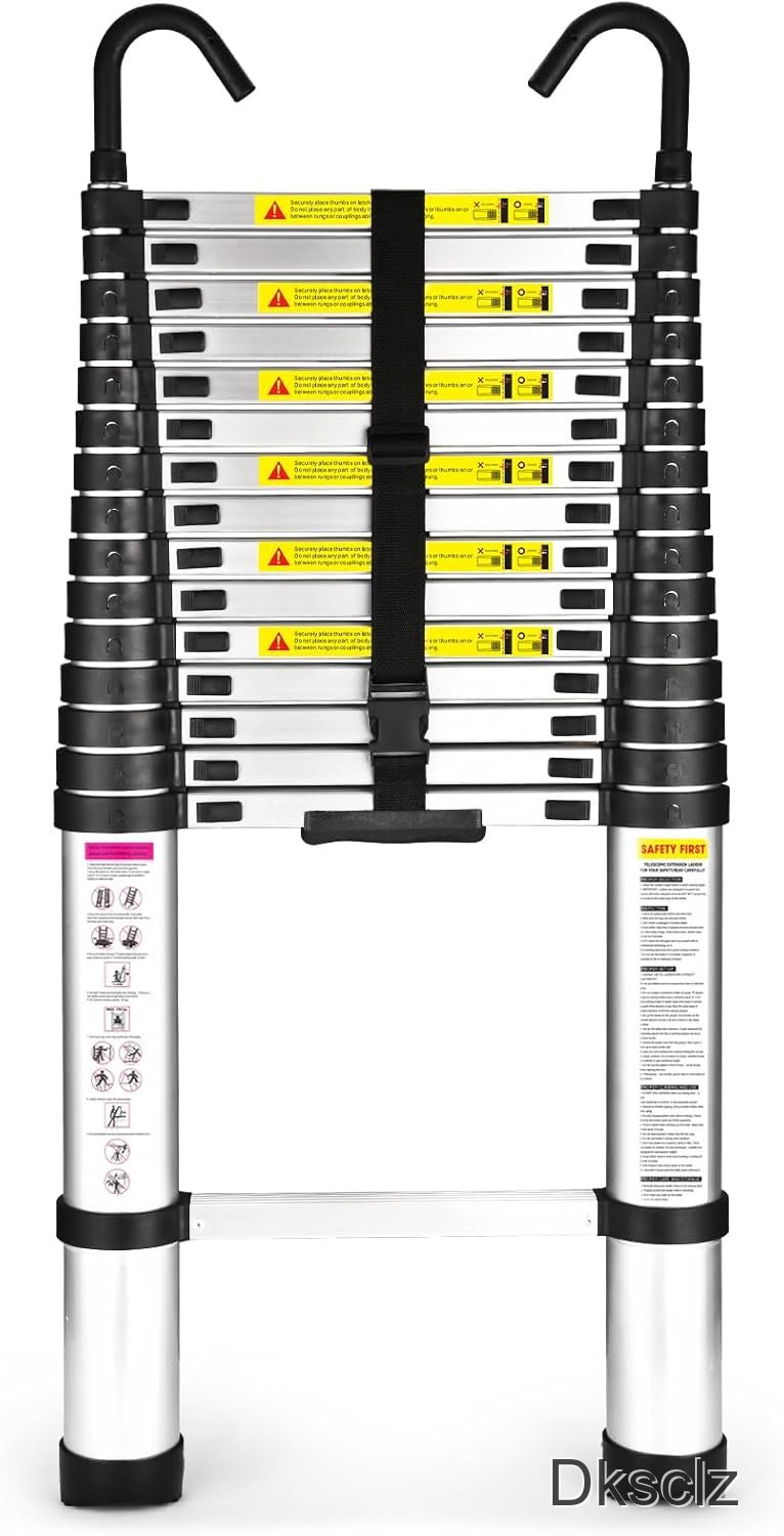 15.5 Ft Telescoping Ladder, Dksclz Aluminum with Non-Slip Feet, 330lbs Max Capacity, Collapsible Ladder with Hooks for RV or Outdoor Work